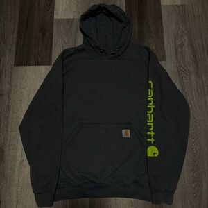 Carhartt Men's Charcoal Hoodie with Green Logo